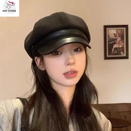 Youthful Luxurious Khaki and PU Leather Beret with adjustable head size strap (P045HATSTORE)
