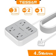 TESSAN Flat Plug Power Strip Extension Cord Extension Plug Widely Spaced Outlets 3 USB Ports Wall Mo