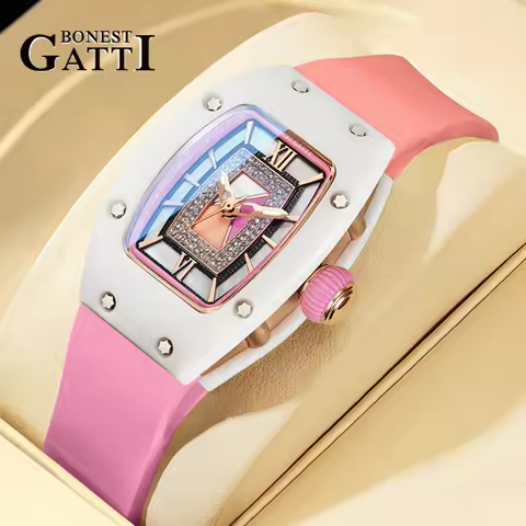 BONEST GATTI Fashion Ladies Automatic Watch Ceramic Case Diamond Dial Silicone Strap Waterproof Wris