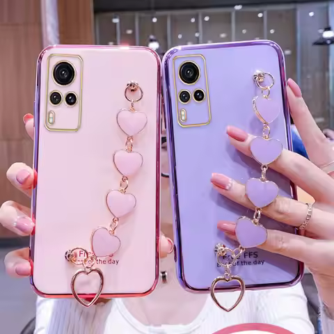 Wrist Bracelet Phone Case For Vivo Y53s Case Luxury Heart Chain Plating Cover Vivo Y51 Y73 Y31 Y53s