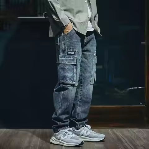 KIDWHXR Men Straight-leg Pant Retro Washed Gradient Color Male Trousers Loose Pocket Denim Pant Man 