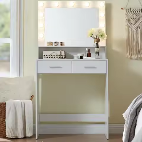 Vanity Desk with Mirror and Lights, Dressing Table with Large Drawer, 2 Level Storage Dresser, Vanit