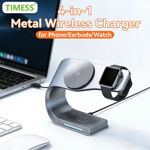 TIMESS 15W Metal 4-IN-1 Wireless Charger For iPhone17 16 15 14 PRO MAX For Airpods For Apple Watch S