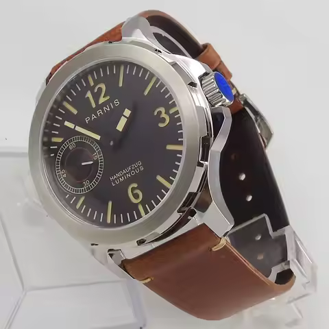 44mm PARNIS Black Dial Luminous Stainless steel Case Leather 2019 6497 Hand Winding men's Watch