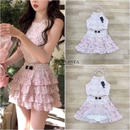 งานป้าย Stylista (เช็คของก่อนสั่งซื้อ) set 2ชิ้นเสื้อคล้องคอแบบผูก แมทซ์กับกระโปรงสั้นแต่งระบายเป็นช