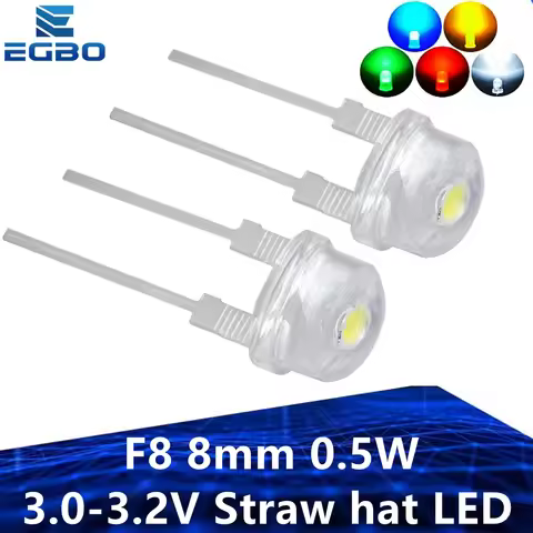 100PCS Super Bright F8 8mm 0.5W 3.0 - 3.2V Straw Hat LED - Wide Angle Transparent White LED Lamp for
