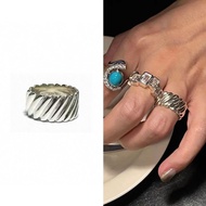 Niche Accessories Korea maman et fille925 Sterling Silver Striped Wide Ring Stacked Fashionable All-