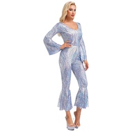 Moily Women 70s 80s Disco Outfit One Piece Long Sleeve Flared Jumpsuit Glittering Retro Disco Costum