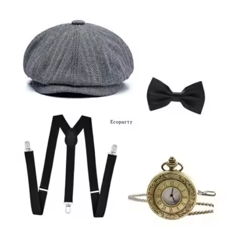 Men's 1920s Accessories Gatsby Gangster Costume Set Tweed Newsboy Cap Gray witch hat detective conan