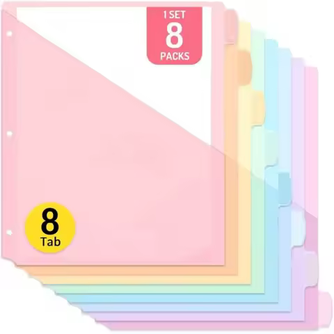 8 pcs A4 Pastel Binder Dividers 3-Ring Binder Single Pocket Plastic File Folders 8-Tab Dividers File