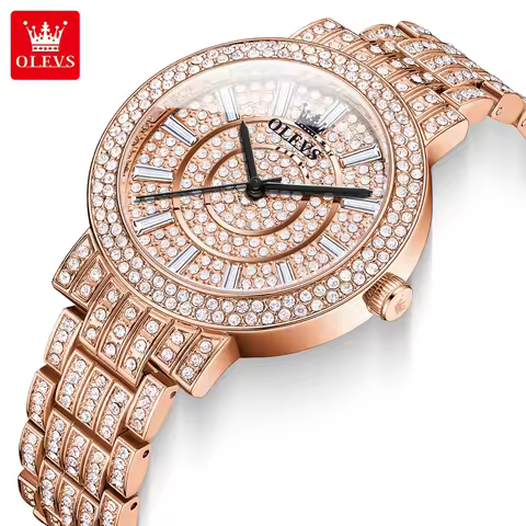 OLEVS 9904 Full Diamond Luxury Quartz Watch for Women Elegant Fashion Rose Gold Stainless Steel Wate