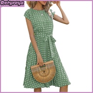 Women Polka Dot Print Midi Dress Crewneck Short Sleeve A-line Dress with Belt Summer Beach Swing Sun