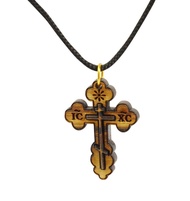 Orthodox Eastern St. Nicholas Olive Wood Cross Necklace in Cotton Pouch Bethlehem Certified - Wooden