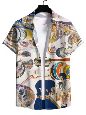 Men Retro Beatles Psychedelic Print Hawaiian Shirt Beach Short Sleeve Aloha Blouse Multiple Styles A