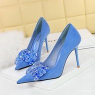 Women Shoes High Heels Shallow Mouth Bowknot Pointed Toe Stiletto Heel 825-H27 Suede Gem Banquet Kor