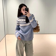 Autumn Winter Jacquard Round Neck Pullover - Easter Island Flower Design