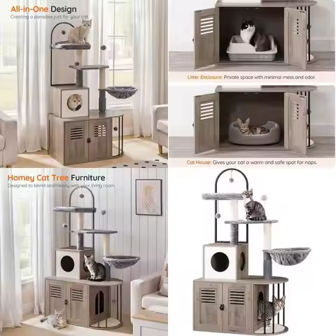 All-in-One 31.5 Cat Tree with Hidden Litter Box, Arched Design, Sisal Posts, Hammock, Grey and Beige