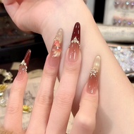 fake nails nails Burgundy Golden Koi French Handmade Wearing Nails Medium Long Nude Color Pure Desir