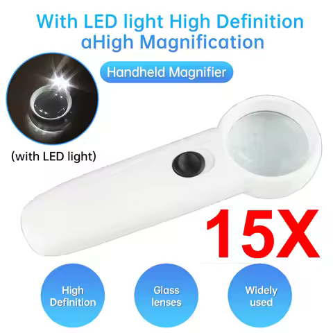 15X Handheld Magnifier w/2 LED Lights&37mm Optical Glass Lens for Jewelry Watch Circuit Board Repair