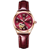 OLEVS 6636 Fashion Women Mechanical Watch Gift Genuine Leather Watchband Round-dial Wristwatch