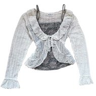 Floral Pointelle Lace Ruffle Ribbon Fairycore Cardigan + Sequins Emboss Embroidery Tanktop | Coquett