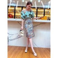 Women's Bohemian Party Outfit Set - Print Blouse & Pencil Skirt