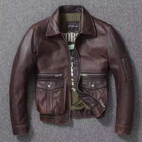 New Men's Genuine Leather Jacket Vintage Stone Milled Top Layer Cowhide Bomber Jacket A2 Brown Men's