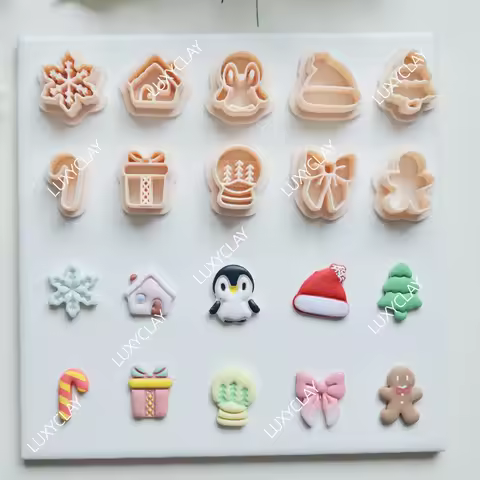 10pcs Christmas Snowflake House Penguin Hat Tree Crutch Gift Box Snowglobe Bow Gingerbread Man Clay 