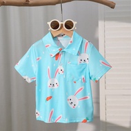เสื้อยืดเด็กเล็ก เด็กผู้ชาย & เด็กผู้หญิง แฟชั่นใหม่ฤดูร้อน น่ารักการพิมพ์กระต่ายและแครอท ปกโปโลสีฟ้