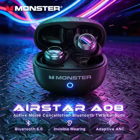Monster A08 ANC Bluetooth 6.0 Earbuds Mini Invisible In-Ear Sports Ear Buds Active Noise Cancellatio