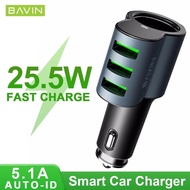 BAVIN CM11 Universal 5.1A Quick Car Charger 3 USB Port Slots Fast Charger w/ Vehicle Lighter Jack