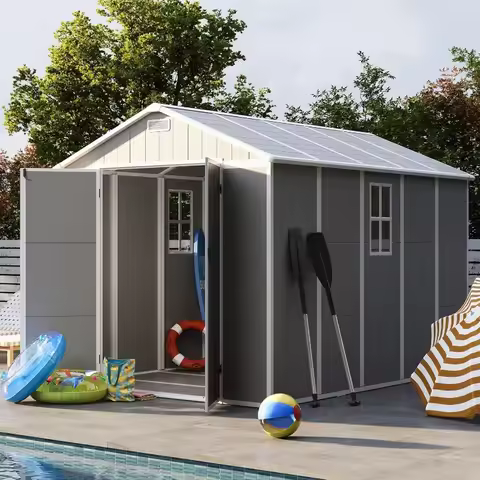 Storage Shed 8 x 10 FT, Resin Outdoor Garden Sheds with Floor Plastic Patio Outdoor Storage with Loc