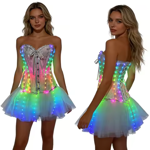 White LED Color Changing Bustier Fairy Tutu Dress for EDM Festival Halloween Cosplay Women's Glowing