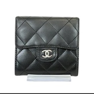 中古Chanel雙面黑銀色小羊皮革短夾 皮夾 錢包 中夾 二手古董包