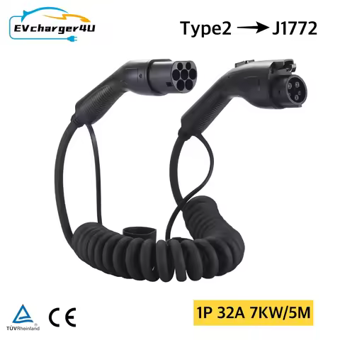 EVcharger4U IEC62196 Type 2 to J1772 Type 1 EV Charging Spiral Cable 1Phase 32A 7KW Type2 to Type1 C