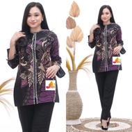 BLOUSE BATIK ATASAN BAJU BATIK WANITA KERJA WARNA HITAM KOMBINASI UNGU