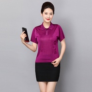 เสื้อยืดคอโปโลไหมสั้น Montagut สำหรับผู้หญิงไซส์ใหญ่หลวมๆ ดีไซน์เรียบง่าย ลายดอกไม้ ฤดูร้อน 2025 แบร