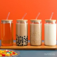 Bamboo Lid Milk Tea Cup Set with Lid Straw Cup Water Cup Transparent Glass 16oz Cold Drink Round Col