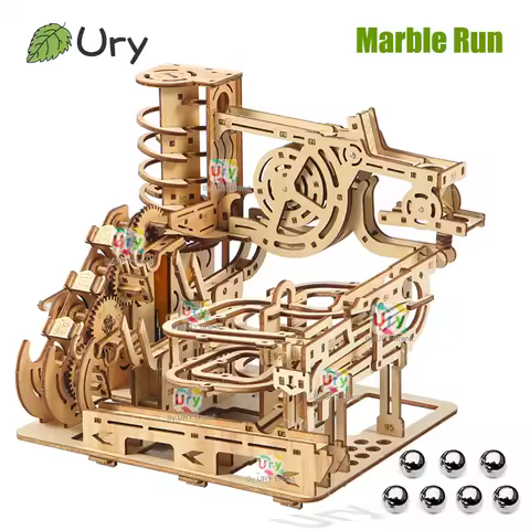 Ury 3D Wooden Puzzles Electric Catapult Track Device Marble Run Set Mechanical Model Science Maze 7 
