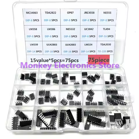 75pcs Integrated Circuit IC DIP Kit Box LM358 LM386 ULN2003 LM324 NE555 MC34063 TL494 ULN2803 LM324 