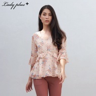 Lady Plus เสื้อชีฟองลายดอกไม้คอวีแต่งระบาย | Floral Print Ruffle Blouse with V-Neck สีพีช