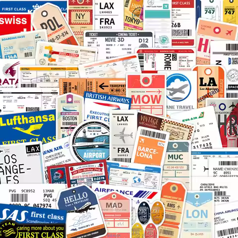 50Pcs Boarding Pass Airplane Ticket Graffiti Stickers DIY Luggage Notebook Decor Decals Giajar Stick