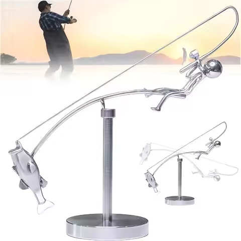 Handmade Kinetic Fishing Sculpture Metal Gift Kinetic Balance Art Statue Desk Ornament Fishing Statu