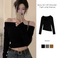 Ready​Send Spicy Girl Off Shoulder Tight Long Sleeve T-Shirt Women's Tight-Fitting Shirt Irregular S