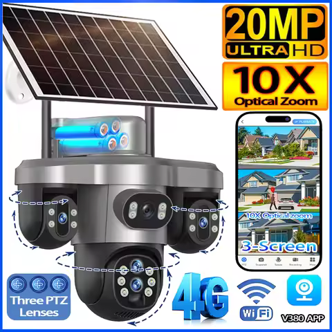 20MP 4G Sim Solar Camera WiFi 10X Optical Zoom 3-PTZ 4-Lens 3-Screens Outdoor Wireless Security Came