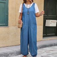 Plus Size Solid Color Simple Casual Sleeveless Denim Jumpsuit Woman S Summer Clothes Summer Outfits 