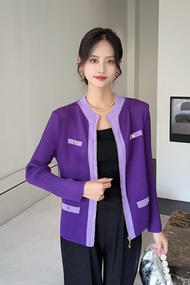 Womens Spring New Pleated Jacket Fashionable Stand Collar Long Sleeved Zipper Cardigan Top