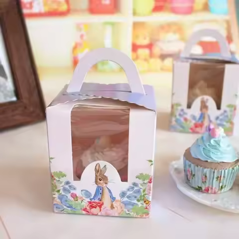 20pcs Cute Bunny Cupcake Box with Handle Birthday Party Cupcake Packaging Christmas Cupcake Box Wedd