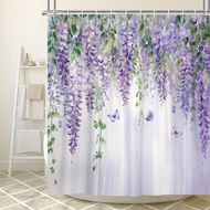 Tirai Mandi Bunga Lavender Ungu, Set Tirai Mandi Kain Daun Bunga Lilac Ungu Musim Bunga untuk Hiasan