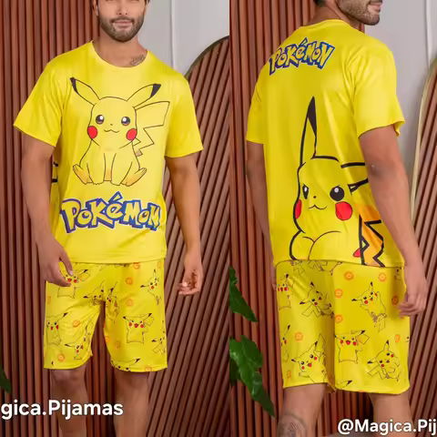 Bandai Pikachu Pajama Pocket Monster Anime Adult Kids T-Shirt & Shorts Athleisure Set Family Summer 